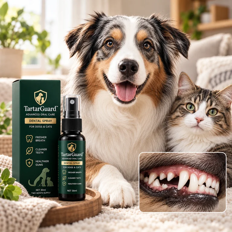 Happy Australian Shepherd and tabby cat with TartarGuard dental spray and a close-up of clean, healthy teeth