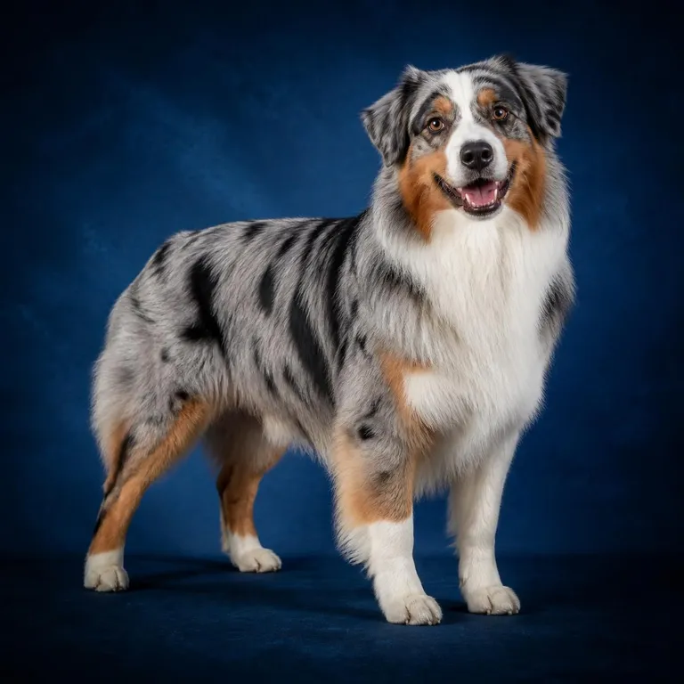 Adult Australian Shepherd standing and smiling